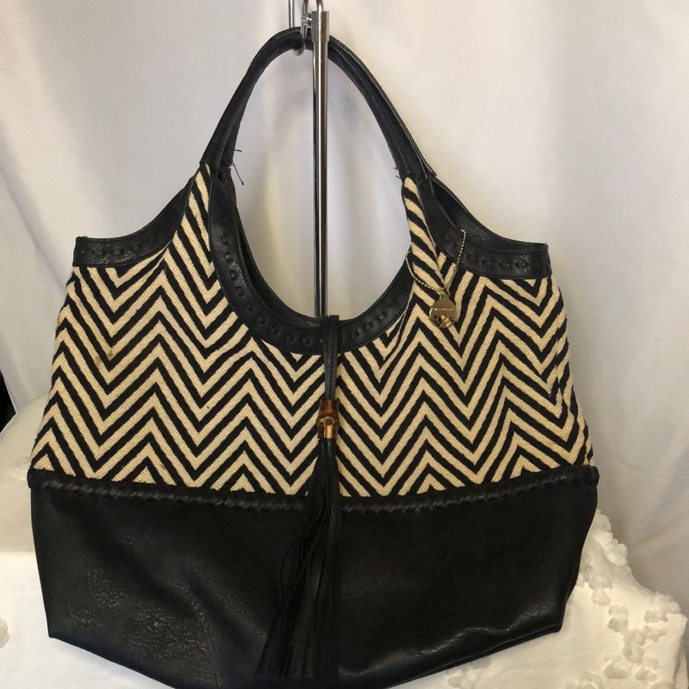 BIG BUDDHA black and cream woven zig zag striped faux leather tote bag.